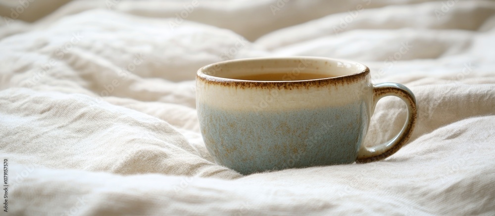Ceramic coffee cup resting on a cozy bed representing a relaxing breakfast setting