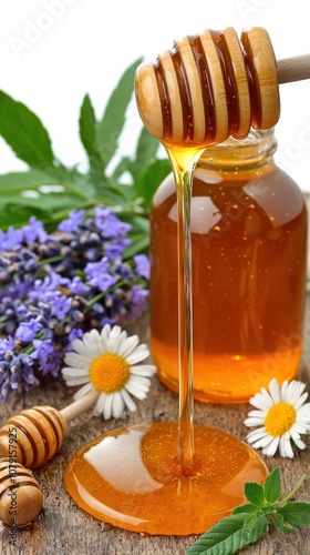  A wooden table with a jar of honey and a honey dipper next to wildflowers