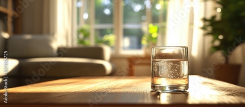 Close up of a glass filled with refreshing water placed on a wooden table in a cozy living room setting