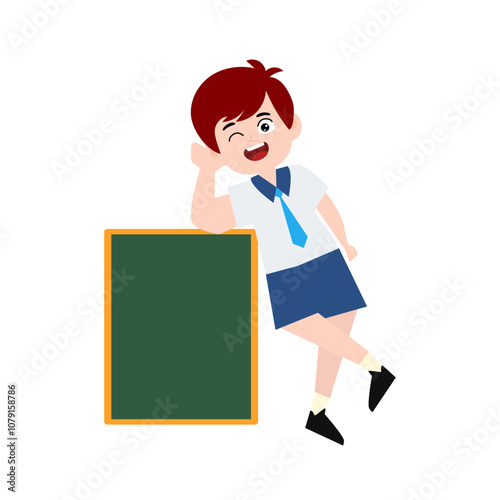 boy different pose activity school isolated on white background, uniform school white blue