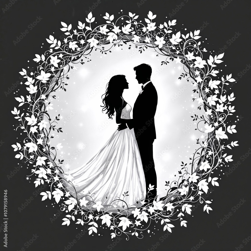 black and white image with silhouettes of bride and groom in a round ...