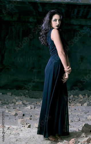 A beautiful young girl model stands in a long black dress amidst the rubble of a partially demolished building. photo