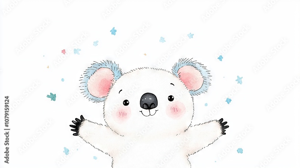 A watercolor illustration of a white bear with dark muzzle, ears, and stars on a white backdrop A watercolor illustration of a white bear with dark muzzle, ears, and stars on a white backdrop
