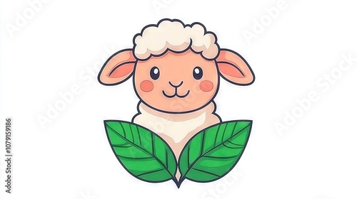   A photo of a sheep with a green leaf in its mouth against a white backdrop featuring a green leaf in the foreground photo