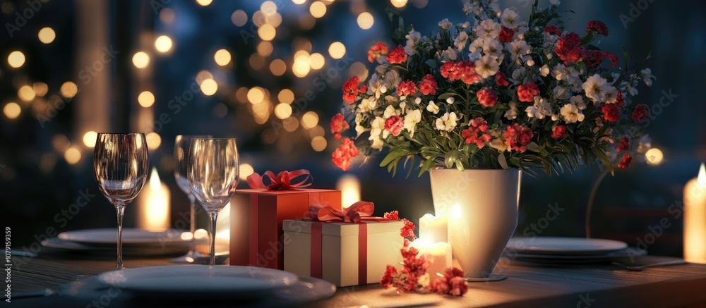 Close up of a romantic festive table set for two with a gift box blooming flowers in a vase and flickering candles perfect for celebrating special occasions Close up of a romantic festive table set for two with a gift box blooming flowers in a vase and flickering candles perfect for celebrating special occasions