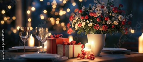 Close up of a romantic festive table set for two with a gift box blooming flowers in a vase and flickering candles perfect for celebrating special occasions