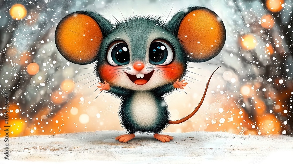 A snow-covered tree in the distance blurs while a mouse rests atop a white, snowy surface A snow-covered tree in the distance blurs while a mouse rests atop a white, snowy surface