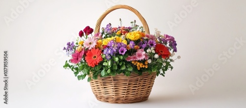 Fototapeta Naklejka Na Ścianę i Meble -  Colorful basket of fresh flowers arranged beautifully in a bright white room perfect for home decor or floral arrangements