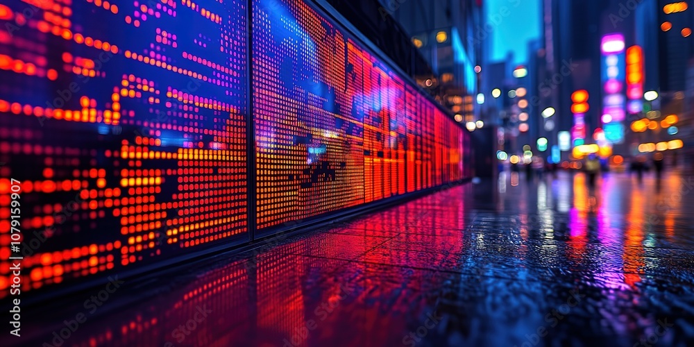 Fototapeta premium A city street at night, illuminated by a large LED screen displaying a pattern of red and blue lights. The screen reflects in the wet pavement.