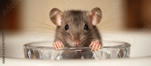 Close up of a young rat exploring a kitchen sink surrounded by two faceted glasses highlighting pest control challenges in urban living