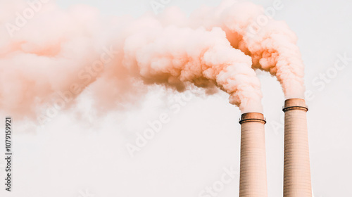 Industrial Smokestacks Emitting Orange Smoke Against Light Background. Air Pollution Concept