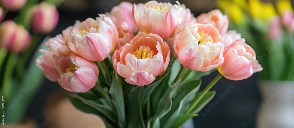 Close up of a stunning pink peony tulip showcasing delicate petals and vibrant colors ideal for spring celebrations Close up of a stunning pink peony tulip showcasing delicate petals and vibrant colors ideal for spring celebrations