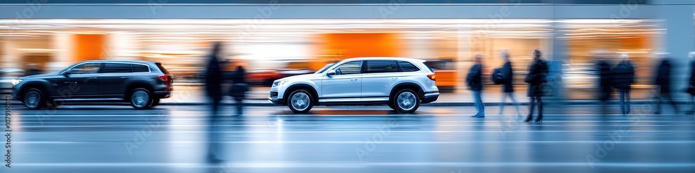 Blurred motion of people walking by cars in city. Blurred motion of people walking by cars in city.