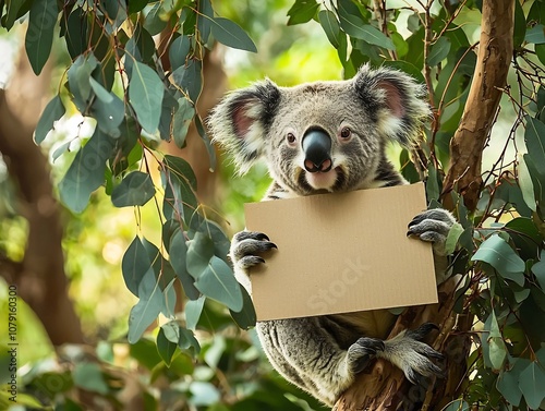 Friendly Koala Holding Blank Cardboard Sign in Eucalyptus Tree Surrounded by Greenery photo