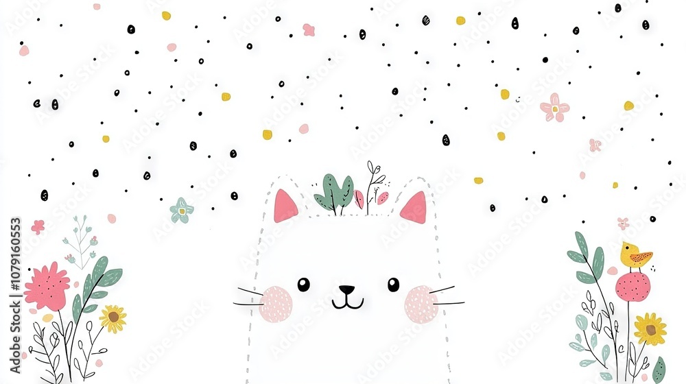   A photo of a white cat wearing flowers on its head and holding a bird in its mouth