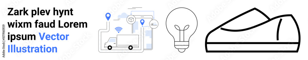 Delivery truck, connected devices, and navigation pins, signifying logistics. Light bulb for innovation and ideas. Shoe as a product focus. Ideal for technology, logistics, innovation, product Delivery truck, connected devices, and navigation pins, signifying logistics. Light bulb for innovation and ideas. Shoe as a product focus. Ideal for technology, logistics, innovation, product