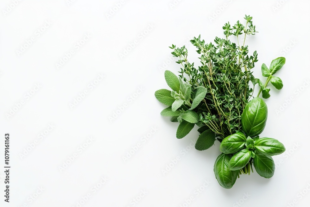 Fresh green herbs on white background, flat lay, top view Fresh green herbs on white background, flat lay, top view