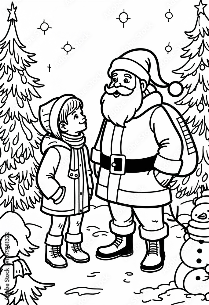 Christmas Scene with Santa and Kid Coloring Illustration Christmas Scene with Santa and Kid Coloring Illustration