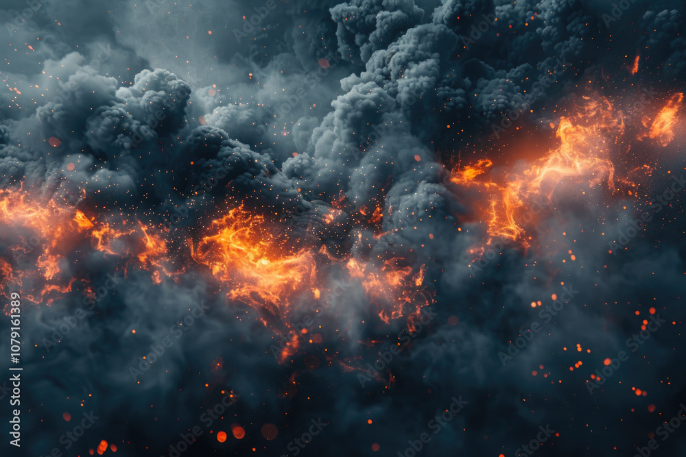 A close-up of a fiery inferno erupting through a thick, swirling cloud of smoke A close-up of a fiery inferno erupting through a thick, swirling cloud of smoke