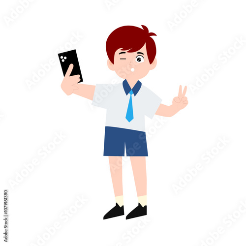 School man wearing uniform clothes cartoon design stock. Junior high school students with backpacks and books, male and female school pupils flat vector illustration set. Happy friends going to school