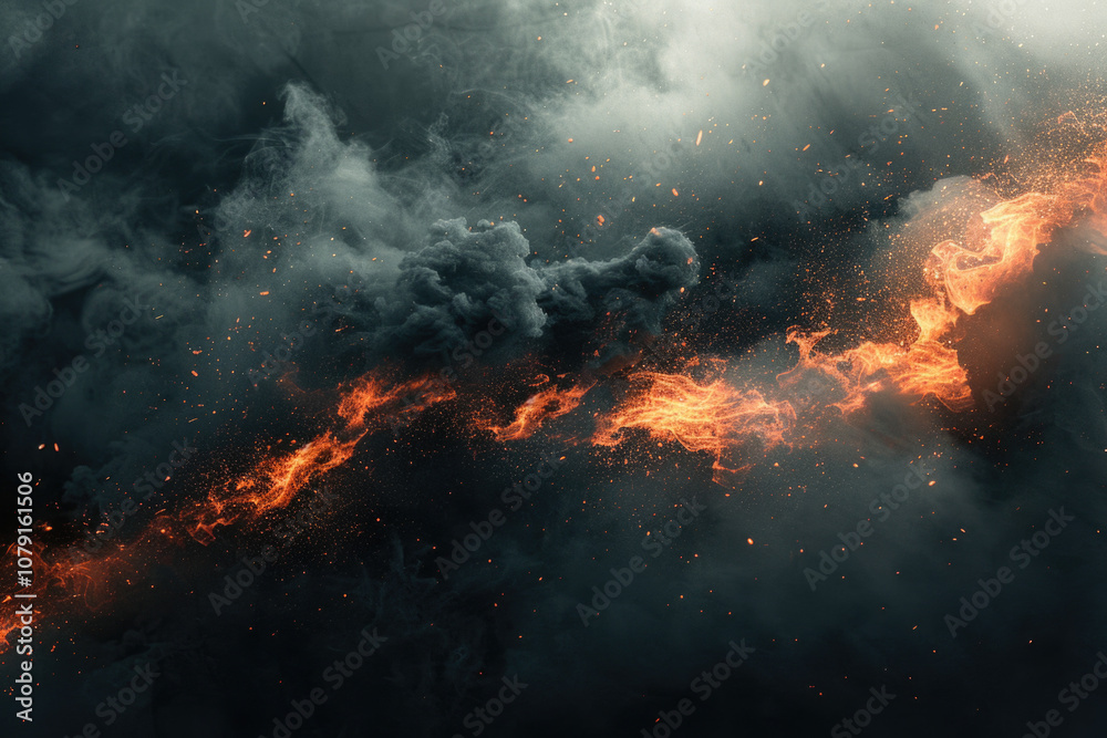 A fiery streak cuts through a dark, stormy sky. The orange flames dance and flicker, casting an eerie glow on the swirling clouds above A fiery streak cuts through a dark, stormy sky. The orange flames dance and flicker, casting an eerie glow on the swirling clouds above