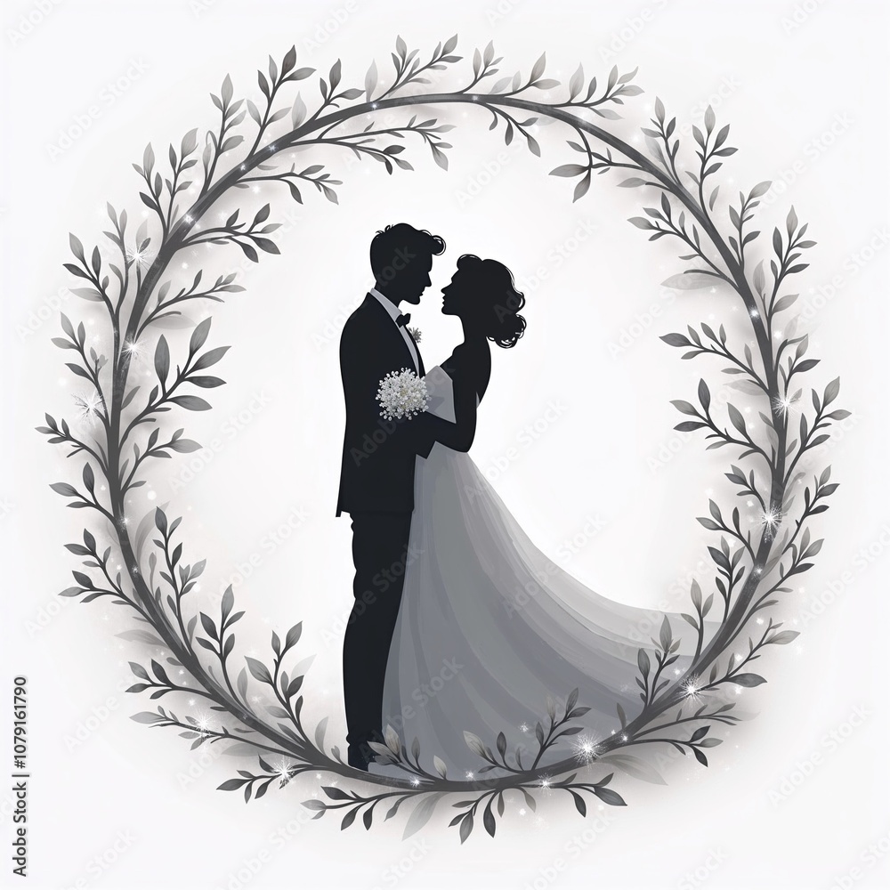 black and white image with silhouettes of bride and groom in a round frame decorated with branches with leaves, suitable for wedding invitations black and white image with silhouettes of bride and groom in a round frame decorated with branches with leaves, suitable for wedding invitations