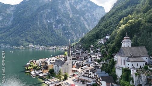 Hallstatt and Lake Hallstatt from a bird's eye view. Alps. Austria. Beautiful nature.