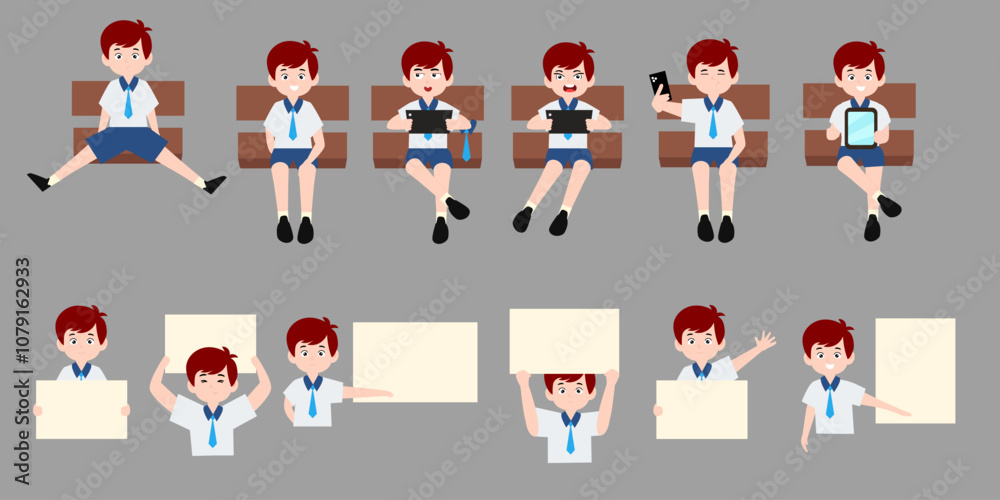 set of boy uniform school different pose cartoon design. bak to chool set of boy uniform school different pose cartoon design. bak to chool