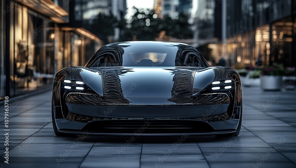A sleek black sports car parked on a city street.