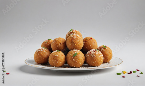 A plate of golden-brown cheese balls dusted with parmesan cheese and topped with fresh herbs photo