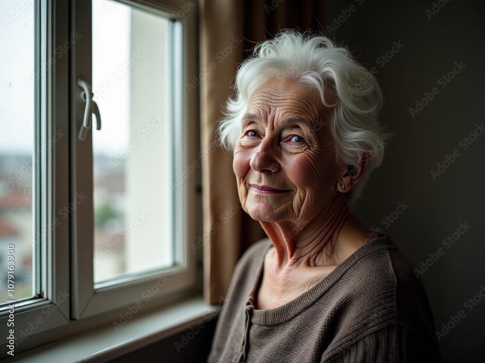 The elderly woman with curly white hair sits by the window, her gentle smile reflecting a serene moment as she gazes outside on a cloudy day The elderly woman with curly white hair sits by the window, her gentle smile reflecting a serene moment as she gazes outside on a cloudy day