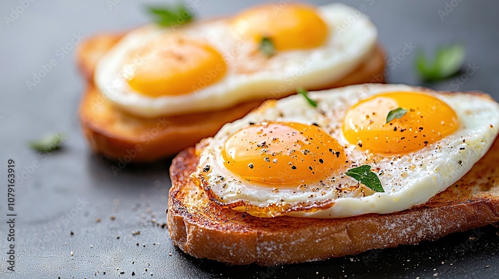 Two fried eggs rest atop toast on a dark plate, garnished with fresh parsley Two fried eggs rest atop toast on a dark plate, garnished with fresh parsley