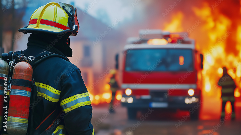 Firefighter in full gear observing intense building fire with fire truck and crew in action during emergency Firefighter in full gear observing intense building fire with fire truck and crew in action during emergency