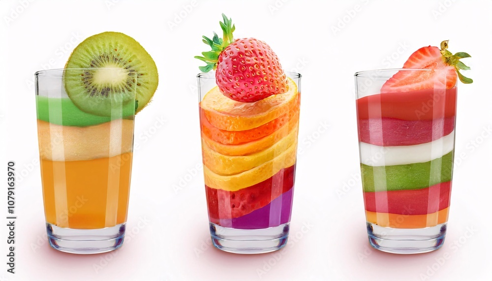 A glass of juice with layers different fruit such as strawberry orange juice green kiwi A glass of juice with layers different fruit such as strawberry orange juice green kiwi