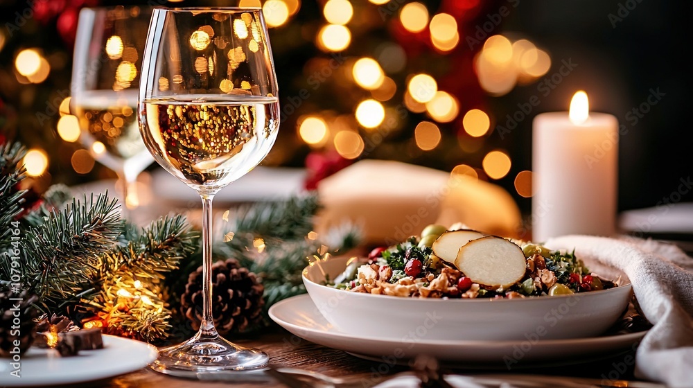 A close-up of a plate of food and a glass of wine on a table with Christmas lights in the background A close-up of a plate of food and a glass of wine on a table with Christmas lights in the background