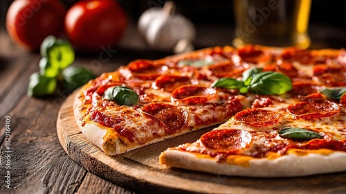   A pizza sits on top of a wooden board, with a glass of beer and pizza slice nearby