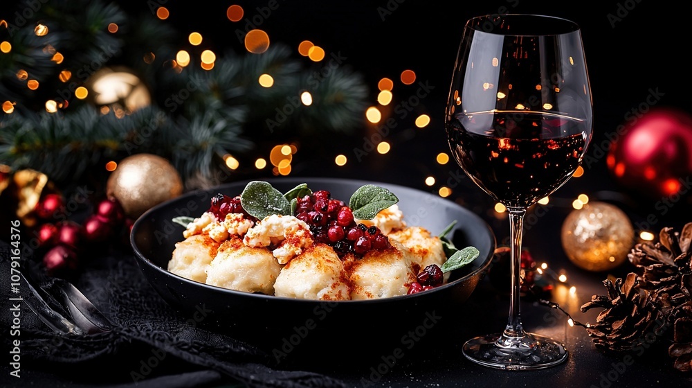 A festive table setting with a plate of food, wine glass, and Christmas decorations and lights in the background A festive table setting with a plate of food, wine glass, and Christmas decorations and lights in the background