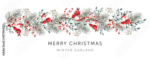 Christmas garland, text, white background. Red berries, rosehips, green pine twigs. Winter nature design. Vector illustration. Greeting banner template. Xmas forest