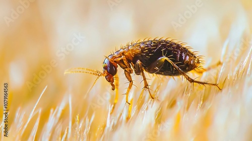 Magnified View of a Flea on Pet s Fur Revealing its Spiky Legs and Armored Body photo