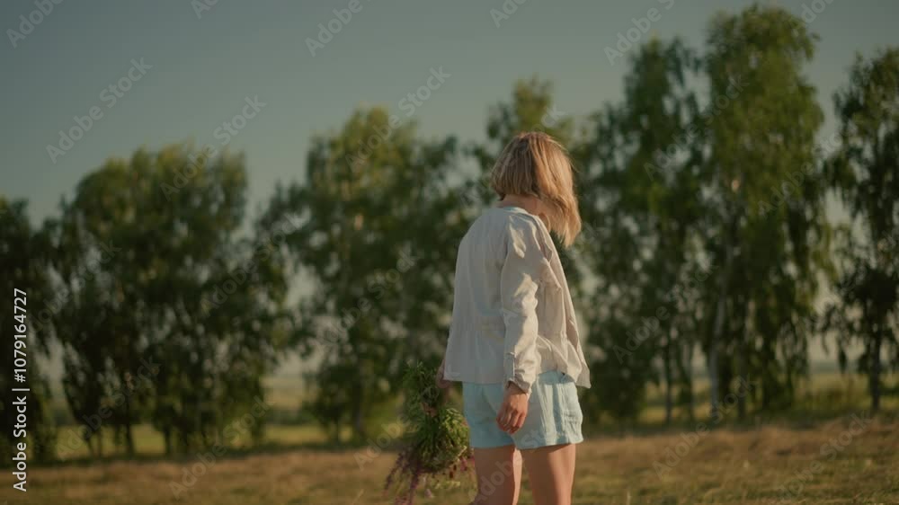 Woman wearing shorts and long sleeve shirt walking through open field holding flower in her hand during sunny day, background features blurred trees and greenery Woman wearing shorts and long sleeve shirt walking through open field holding flower in her hand during sunny day, background features blurred trees and greenery