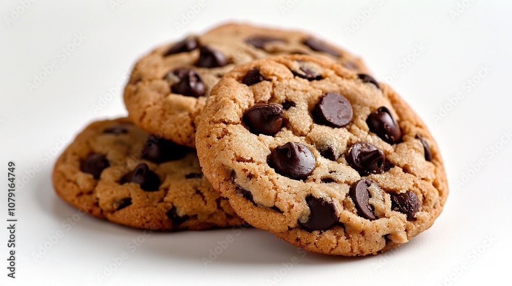 Two chocolate chip cookies stacked atop each other on a white table, beside a steaming cup of coffee Two chocolate chip cookies stacked atop each other on a white table, beside a steaming cup of coffee
