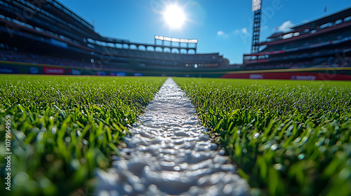 A close-up shot of the grass on an empty baseball field with white lines marking the bases, symbolizing the calm before the game, the quiet atmosphere of a sports arena, and the anticipation of action