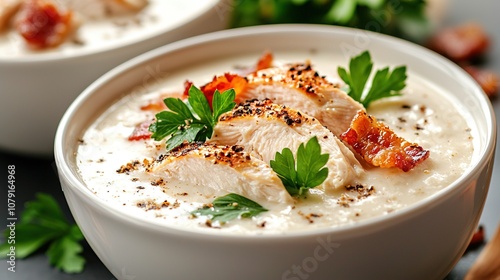  Two white bowls holding soup and topped with parsley