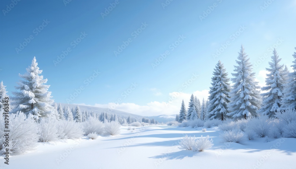 A Stunning Winter Scene Showcasing Untouched Snow and Majestic Fir Trees Covered in Delicate Frost. A Classic Postcard Setting Beneath a Bright Blue Sky with Glorious Sunshine. A Stunning Winter Scene Showcasing Untouched Snow and Majestic Fir Trees Covered in Delicate Frost. A Classic Postcard Setting Beneath a Bright Blue Sky with Glorious Sunshine.
