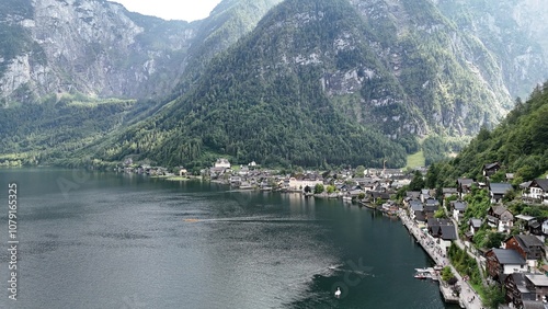 Hallstatt and Lake Hallstatt from a bird's eye view. Alps. Austria. Beautiful nature.