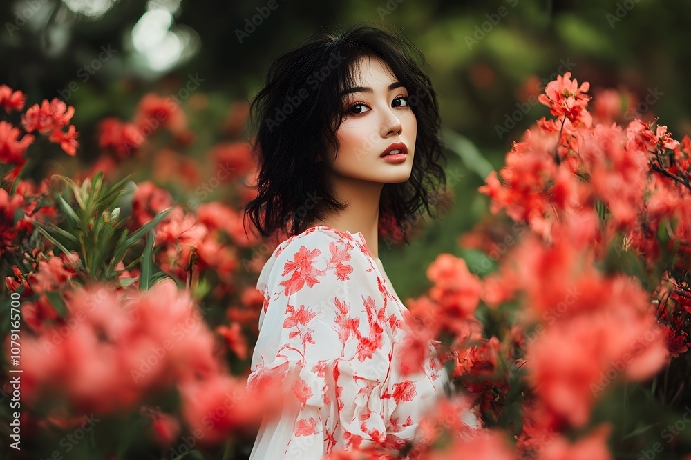 Naklejka premium Beautiful woman with wavy hair wearing floral dress posing amidst vibrant red flowers in lush green garden, capturing the essence of nature and tranquility in a stunning outdoor setting