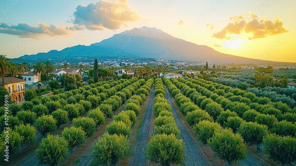Naklejka premium Aerial view of an olive orchard with a mountain in the background at sunset.