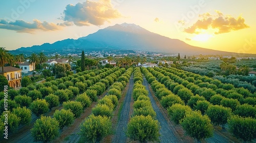 Aerial view of an olive orchard with a mountain in the background at sunset.