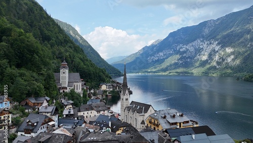 Hallstatt and Lake Hallstatt from a bird's eye view. Alps. Austria. Beautiful nature.