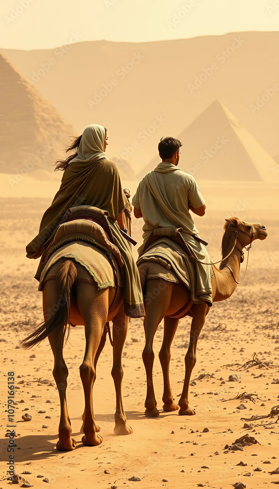 Fototapeta premium Two Figures on Camels Journeying Across Ochre Desert with Distant Pyramids and Ancient Egypt (1)